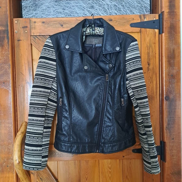 Faux Leather Moto Jacket with Knit Sleeves - Picture 1 of 14